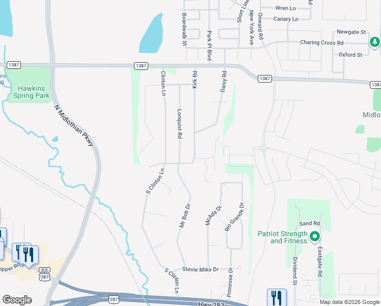 map of restaurants, bars, coffee shops, grocery stores, and more near 121 Kirk Road in Midlothian