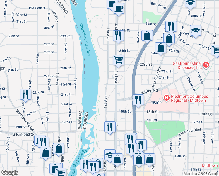 map of restaurants, bars, coffee shops, grocery stores, and more near 120 20th Street in Columbus