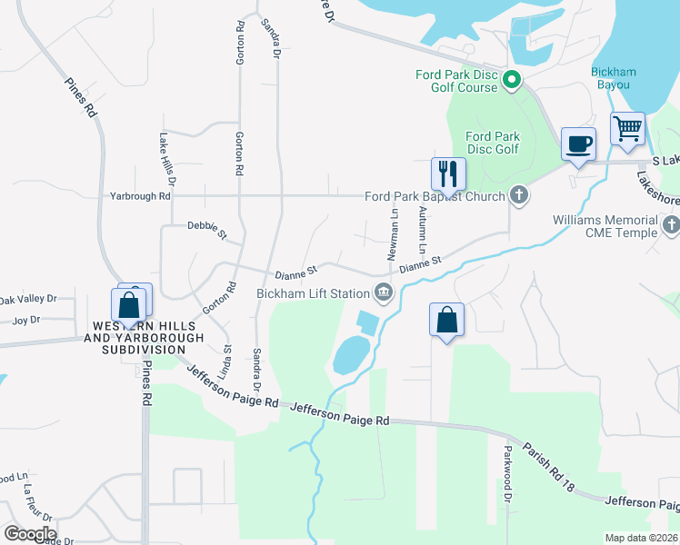 map of restaurants, bars, coffee shops, grocery stores, and more near 5947 Dianne Street in Shreveport