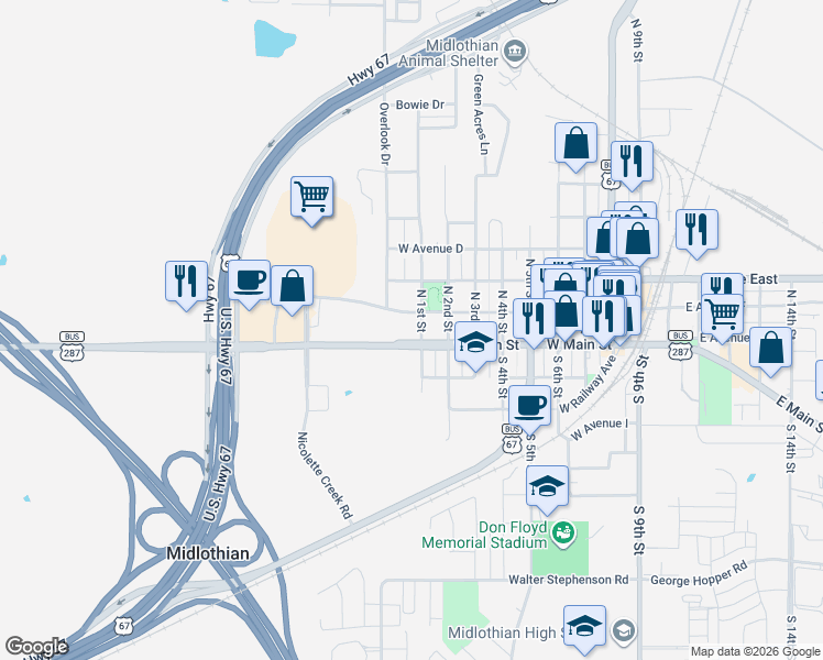map of restaurants, bars, coffee shops, grocery stores, and more near 103 North 1st Street in Midlothian