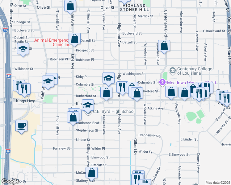 map of restaurants, bars, coffee shops, grocery stores, and more near 525 Rutherford Street in Shreveport