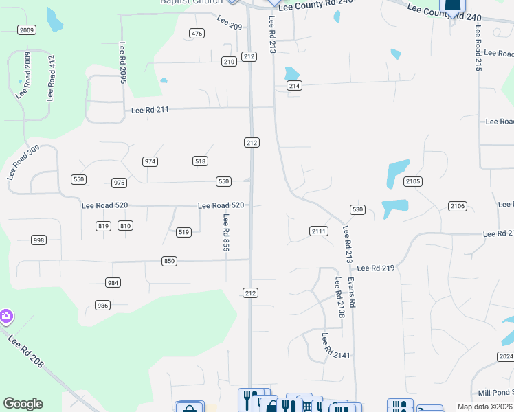 map of restaurants, bars, coffee shops, grocery stores, and more near Lee Road in Lee County