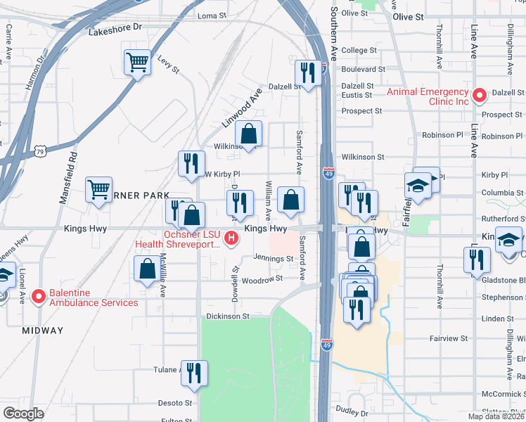 map of restaurants, bars, coffee shops, grocery stores, and more near 3020 William Avenue in Shreveport