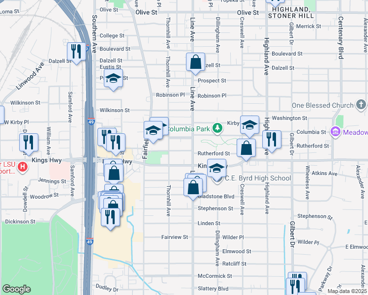 map of restaurants, bars, coffee shops, grocery stores, and more near 820 Rutherford Street in Shreveport
