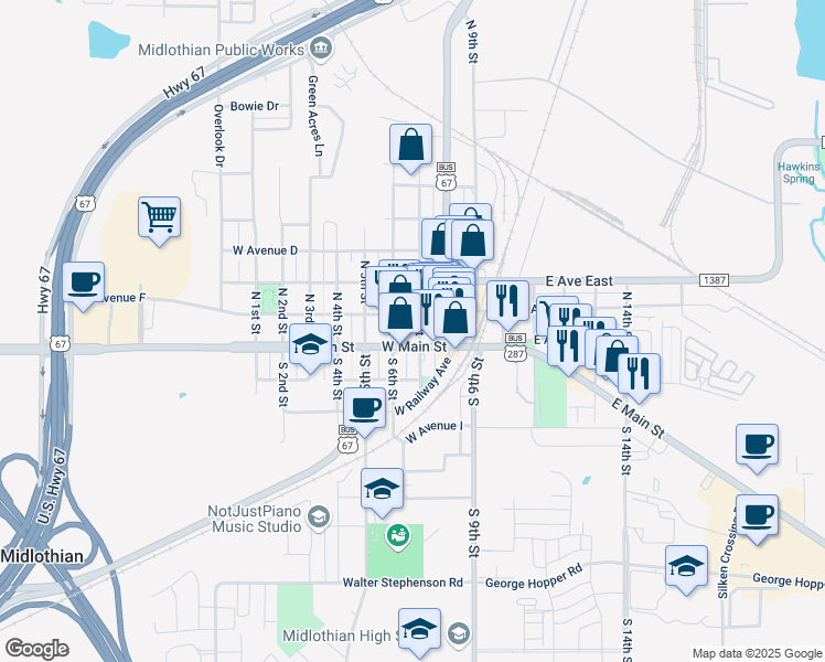 map of restaurants, bars, coffee shops, grocery stores, and more near 301 U.S. 287 Business in Midlothian