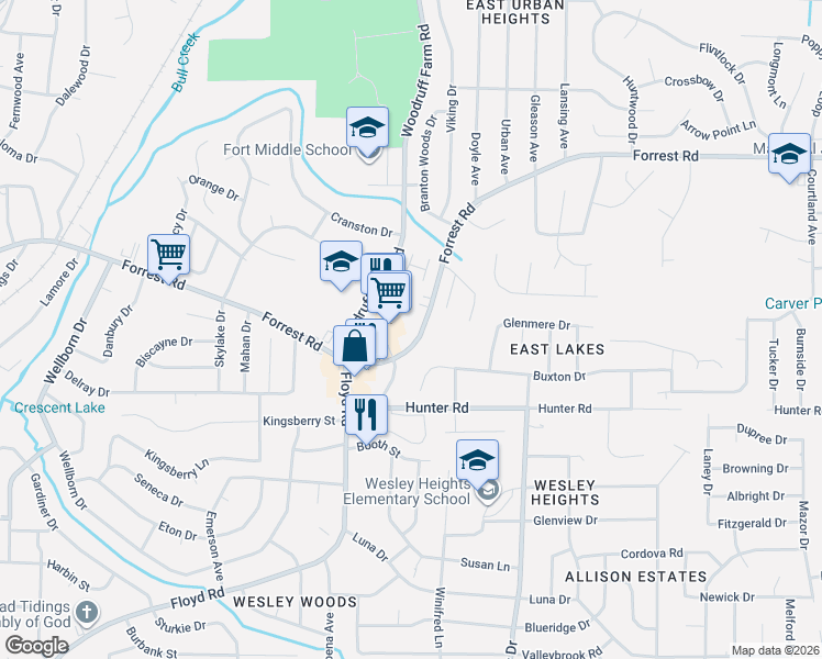 map of restaurants, bars, coffee shops, grocery stores, and more near 5639 Forrest Road in Columbus