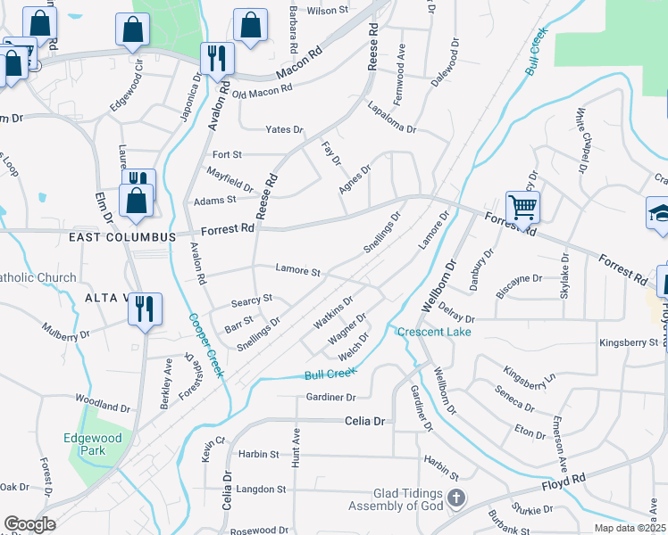 map of restaurants, bars, coffee shops, grocery stores, and more near 2107 Snelling Drive in Columbus