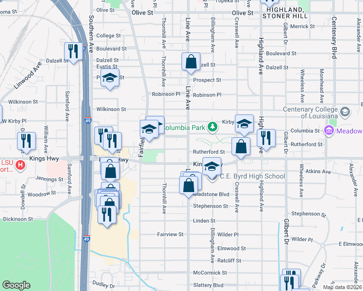 map of restaurants, bars, coffee shops, grocery stores, and more near 814 Rutherford Street in Shreveport