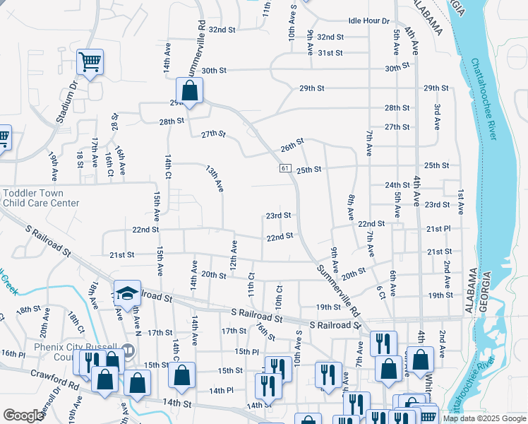 map of restaurants, bars, coffee shops, grocery stores, and more near 2210 11th Avenue in Phenix City