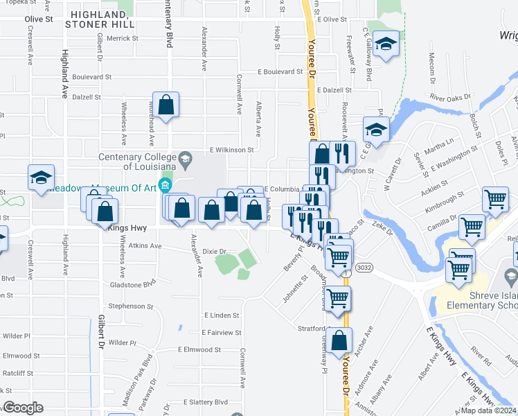map of restaurants, bars, coffee shops, grocery stores, and more near 215 East Rutherford Street in Shreveport