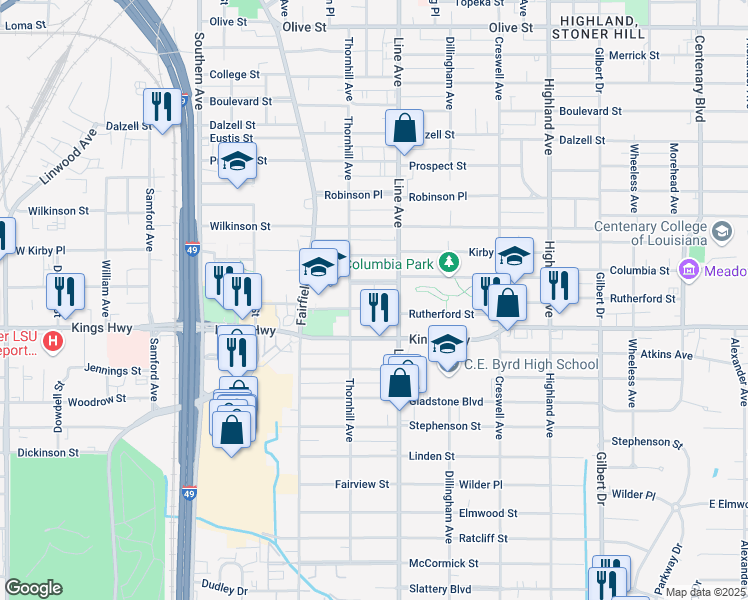 map of restaurants, bars, coffee shops, grocery stores, and more near 826 Rutherford Street in Shreveport