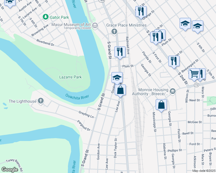 map of restaurants, bars, coffee shops, grocery stores, and more near 2111 South Grand Street in Monroe