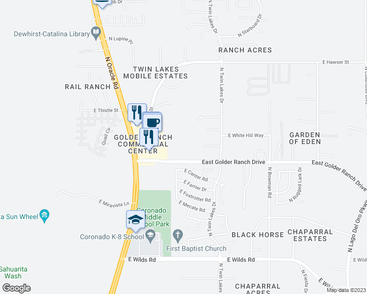 map of restaurants, bars, coffee shops, grocery stores, and more near 3551 East Golder Ranch Drive in Tucson