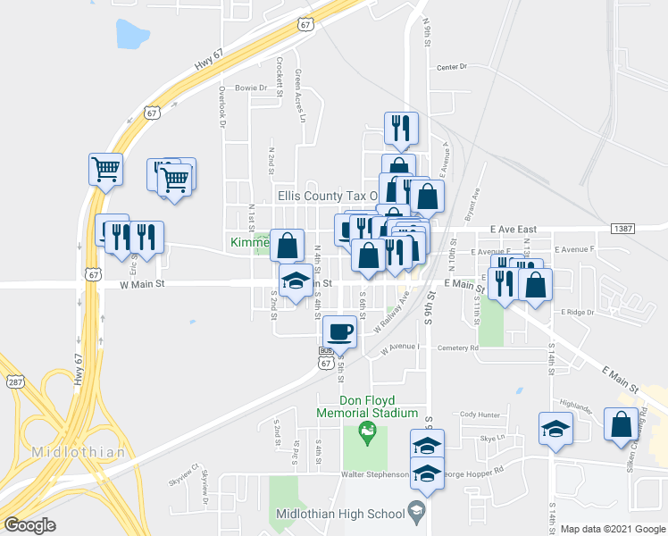 map of restaurants, bars, coffee shops, grocery stores, and more near 111 North 5th Street in Midlothian