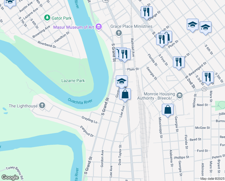 map of restaurants, bars, coffee shops, grocery stores, and more near 2111 South Grand Street in Monroe