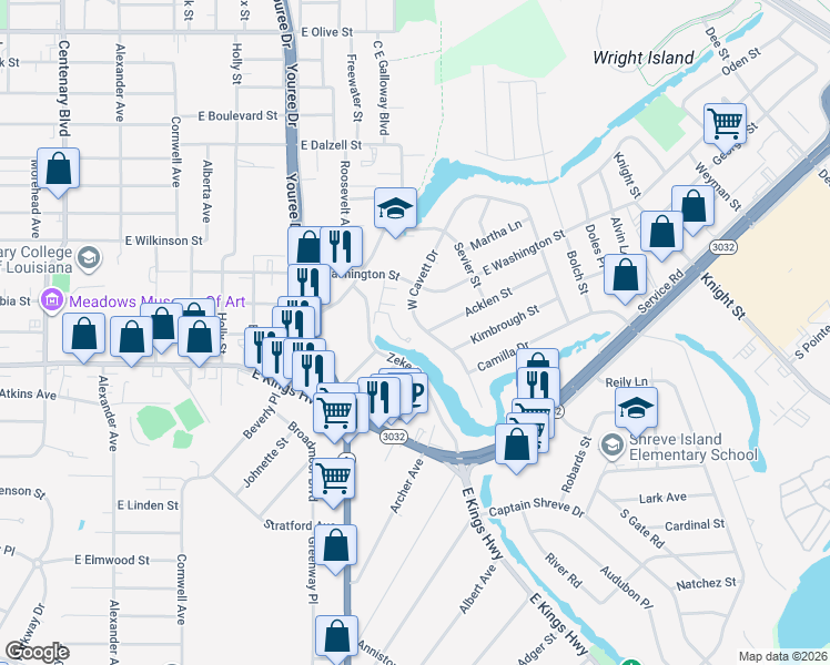 map of restaurants, bars, coffee shops, grocery stores, and more near 611 East Washington Street in Shreveport