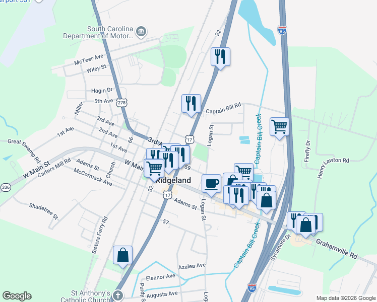 map of restaurants, bars, coffee shops, grocery stores, and more near N Jacob Smart Blvd in Ridgeland