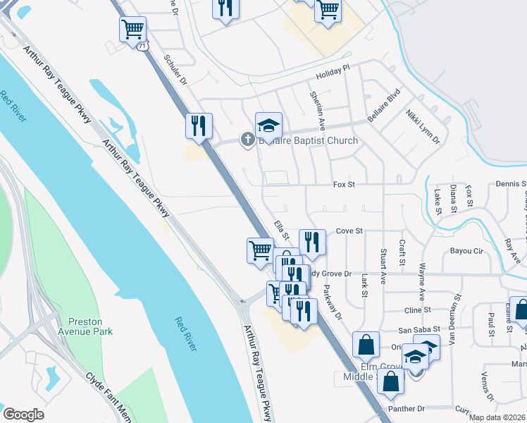 map of restaurants, bars, coffee shops, grocery stores, and more near 1200 Ella Circle in Bossier City