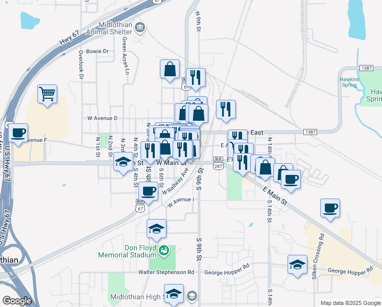 map of restaurants, bars, coffee shops, grocery stores, and more near 102 North 8th Street in Midlothian