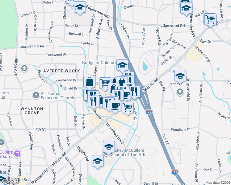 map of restaurants, bars, coffee shops, grocery stores, and more near 3201 Macon Road in Columbus
