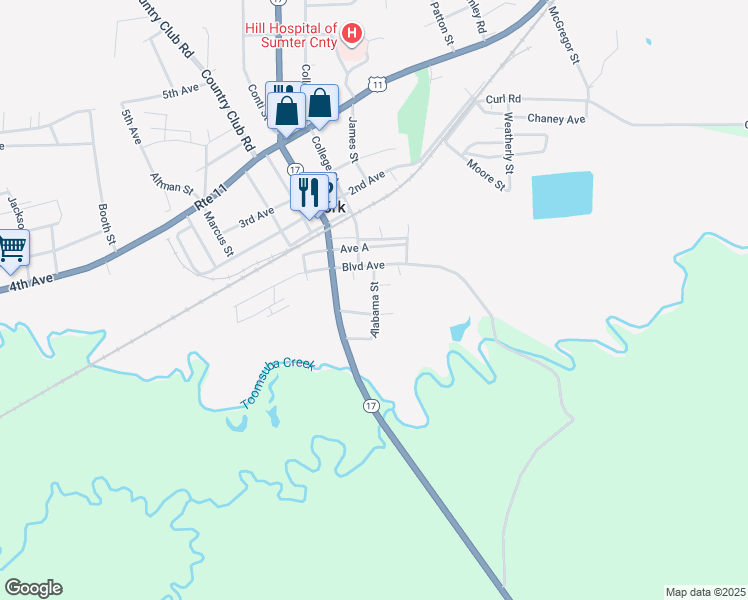 map of restaurants, bars, coffee shops, grocery stores, and more near Alabama Street in York
