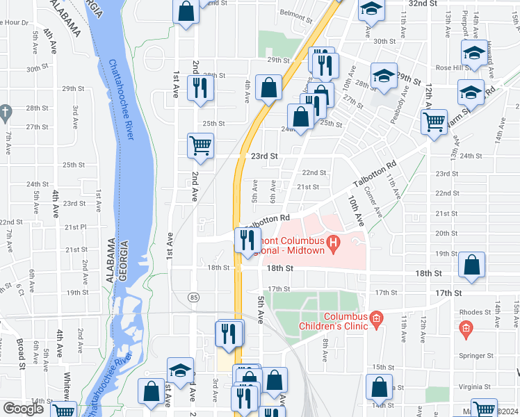 map of restaurants, bars, coffee shops, grocery stores, and more near 506 20th Street in Columbus