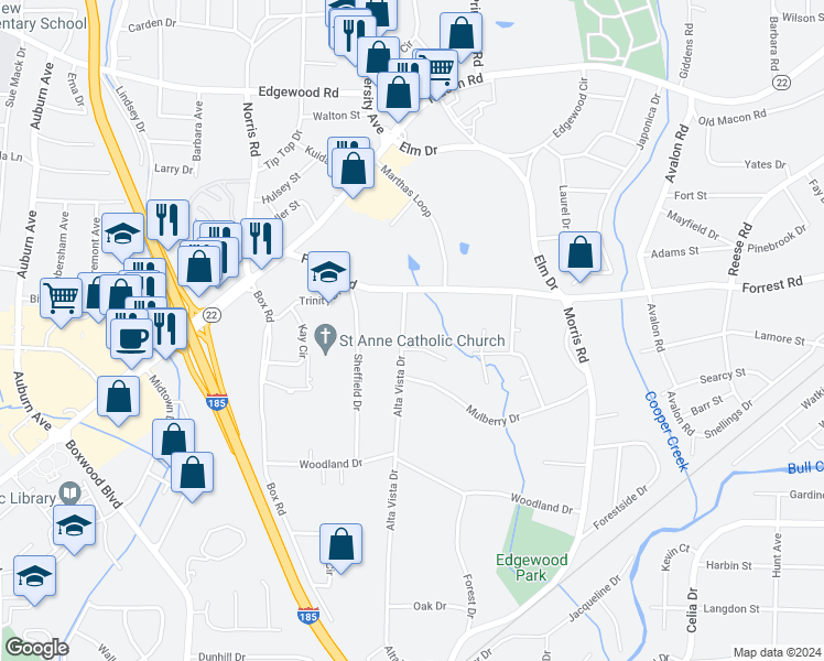map of restaurants, bars, coffee shops, grocery stores, and more near 2012 Alta Vista Drive in Columbus