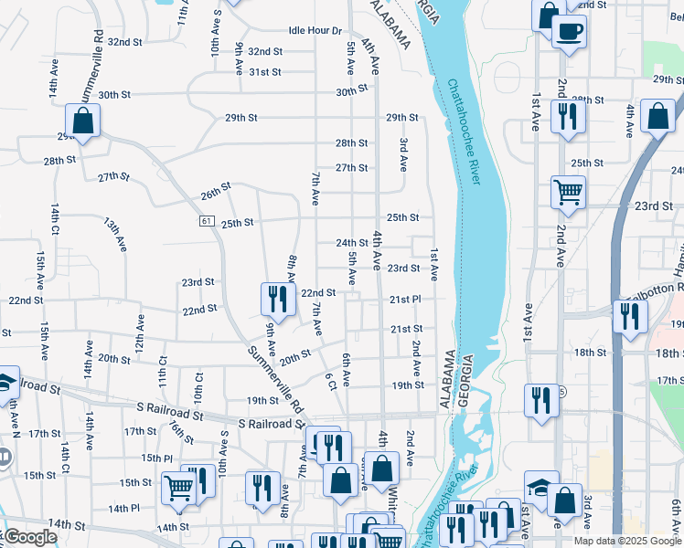 map of restaurants, bars, coffee shops, grocery stores, and more near 600 22nd Street in Phenix City