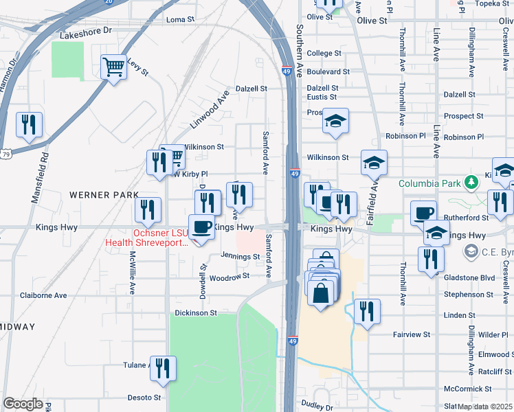 map of restaurants, bars, coffee shops, grocery stores, and more near 1304 Kings Highway in Shreveport