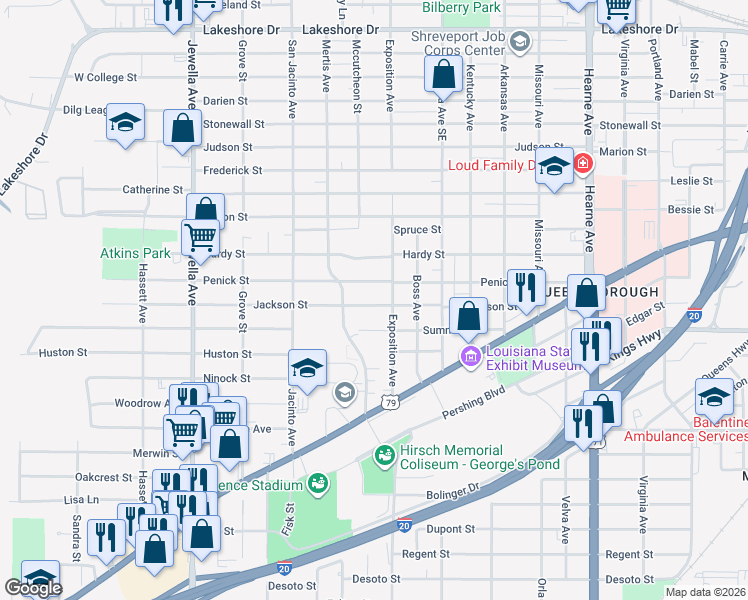 map of restaurants, bars, coffee shops, grocery stores, and more near 3224 Jackson Street in Shreveport