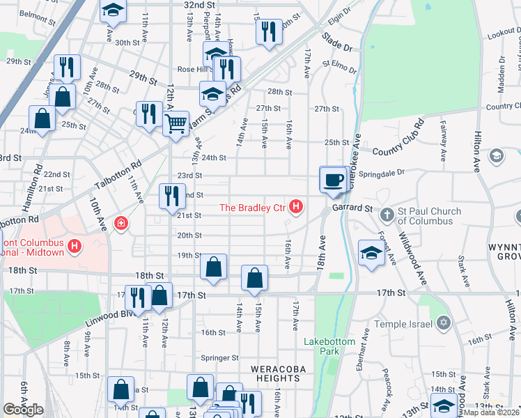 map of restaurants, bars, coffee shops, grocery stores, and more near 1438 21st Street in Columbus