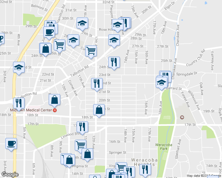 map of restaurants, bars, coffee shops, grocery stores, and more near 1318 21st Street in Columbus