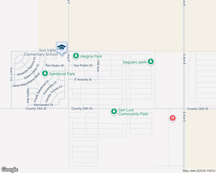 map of restaurants, bars, coffee shops, grocery stores, and more near Aracely Street in San Luis