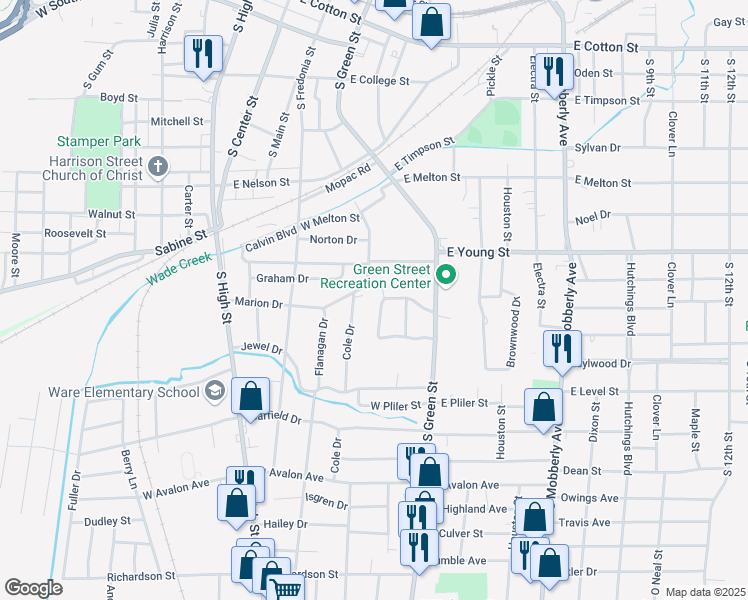 map of restaurants, bars, coffee shops, grocery stores, and more near 13 Covington Drive in Longview