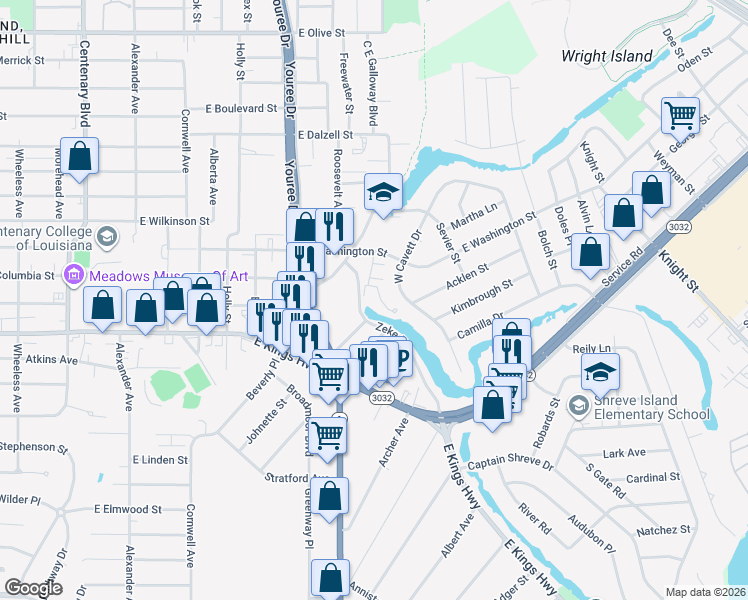 map of restaurants, bars, coffee shops, grocery stores, and more near 611 East Washington Street in Shreveport