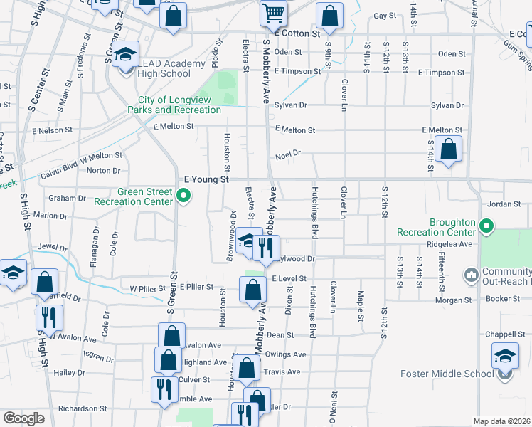 map of restaurants, bars, coffee shops, grocery stores, and more near 805 S Mobberly Ave in Longview