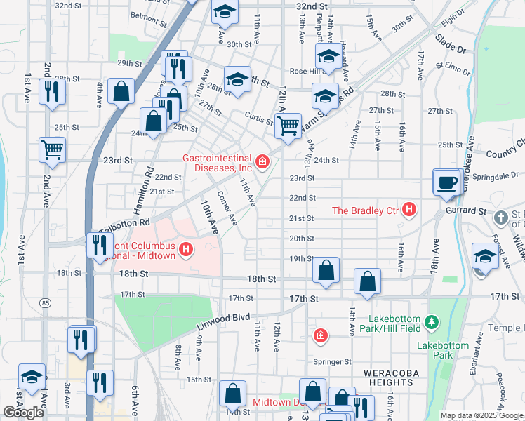 map of restaurants, bars, coffee shops, grocery stores, and more near 1116 21st Street in Columbus