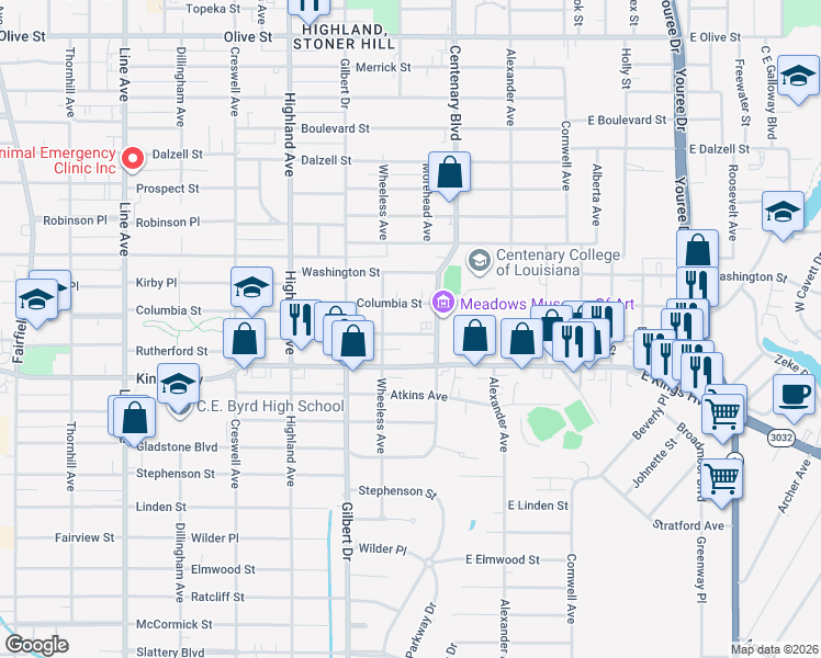 map of restaurants, bars, coffee shops, grocery stores, and more near in Shreveport