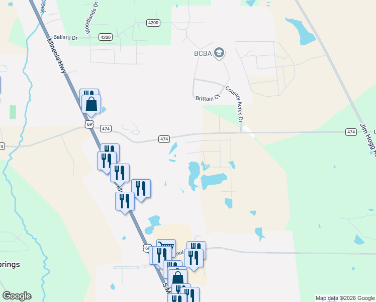 map of restaurants, bars, coffee shops, grocery stores, and more near 490 County Road 474 in Lindale