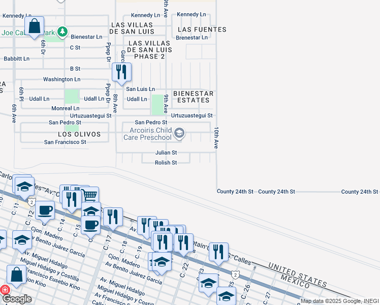 map of restaurants, bars, coffee shops, grocery stores, and more near Terrazas Drive in San Luis