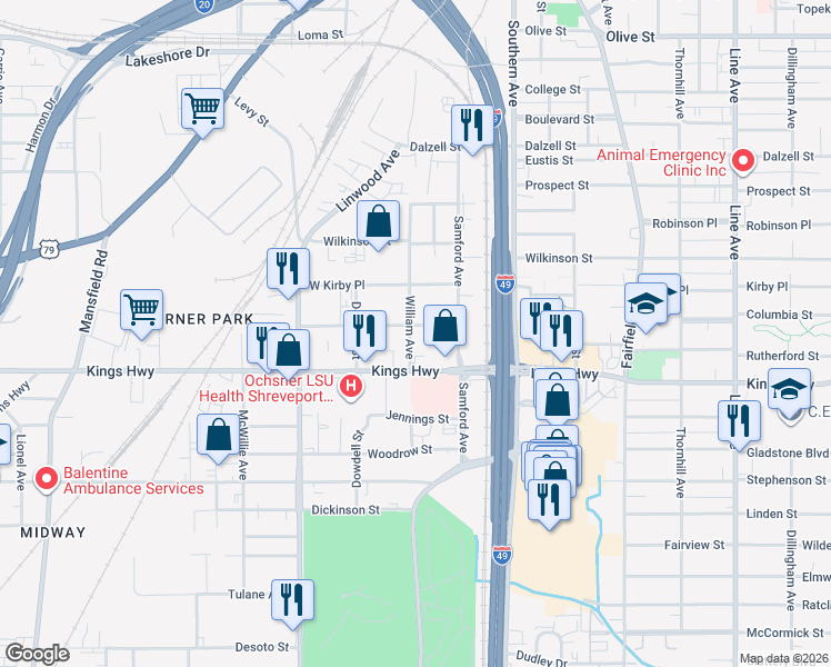 map of restaurants, bars, coffee shops, grocery stores, and more near 3020 William Avenue in Shreveport