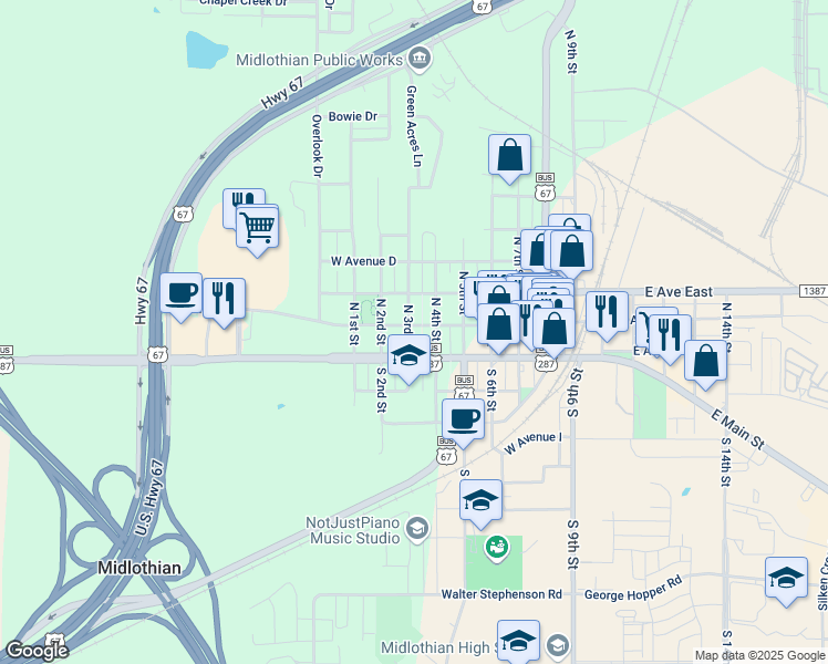 map of restaurants, bars, coffee shops, grocery stores, and more near 616 West Avenue F in Midlothian