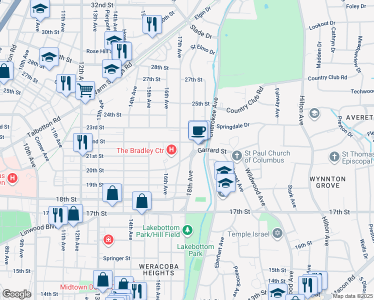 map of restaurants, bars, coffee shops, grocery stores, and more near 2101 18th Avenue in Columbus