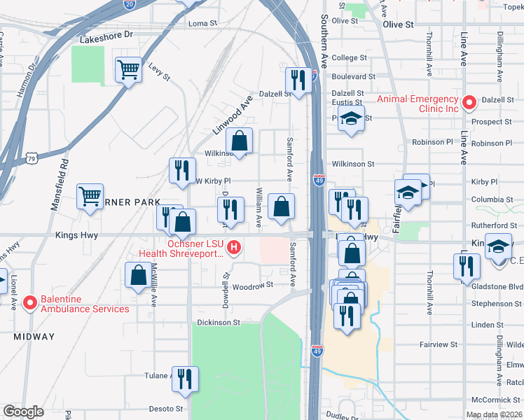 map of restaurants, bars, coffee shops, grocery stores, and more near 1349 Glen Oak Place in Shreveport