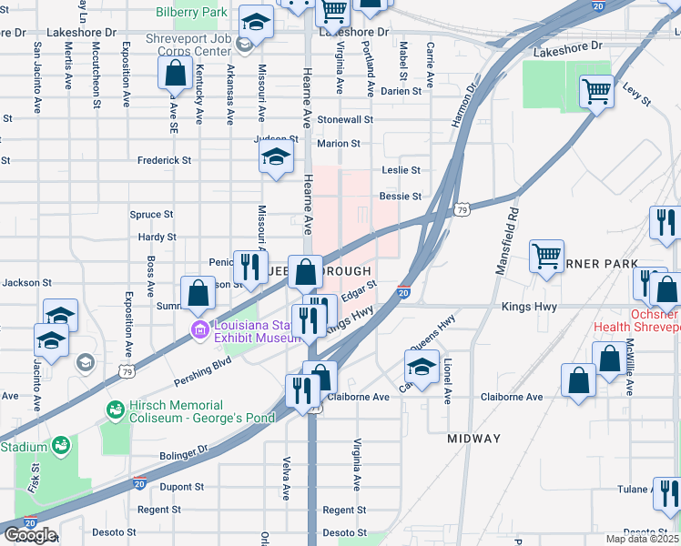 map of restaurants, bars, coffee shops, grocery stores, and more near 3301 Albert L Bicknell Drive in Shreveport
