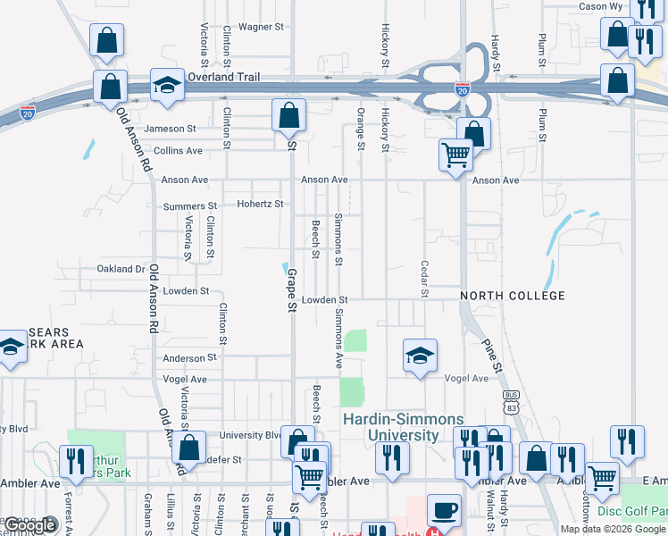 map of restaurants, bars, coffee shops, grocery stores, and more near 2766 Simmons Street in Abilene