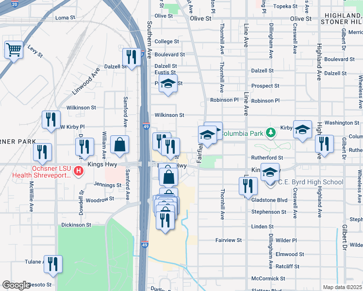 map of restaurants, bars, coffee shops, grocery stores, and more near 1027 Rutherford St in Shreveport