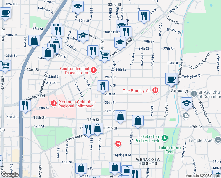 map of restaurants, bars, coffee shops, grocery stores, and more near 2113 13th Avenue in Columbus