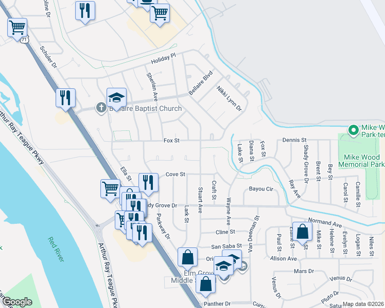 map of restaurants, bars, coffee shops, grocery stores, and more near 1436 Fox Street in Bossier City