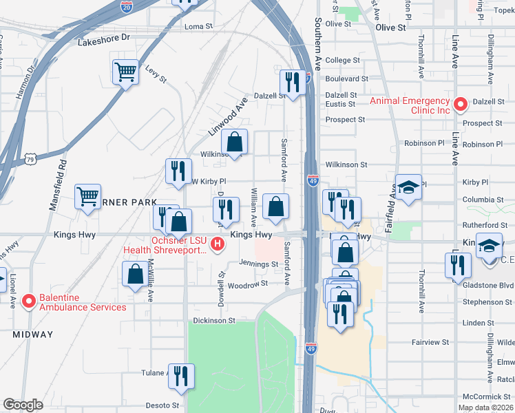 map of restaurants, bars, coffee shops, grocery stores, and more near 155 Justin Avenue in Shreveport